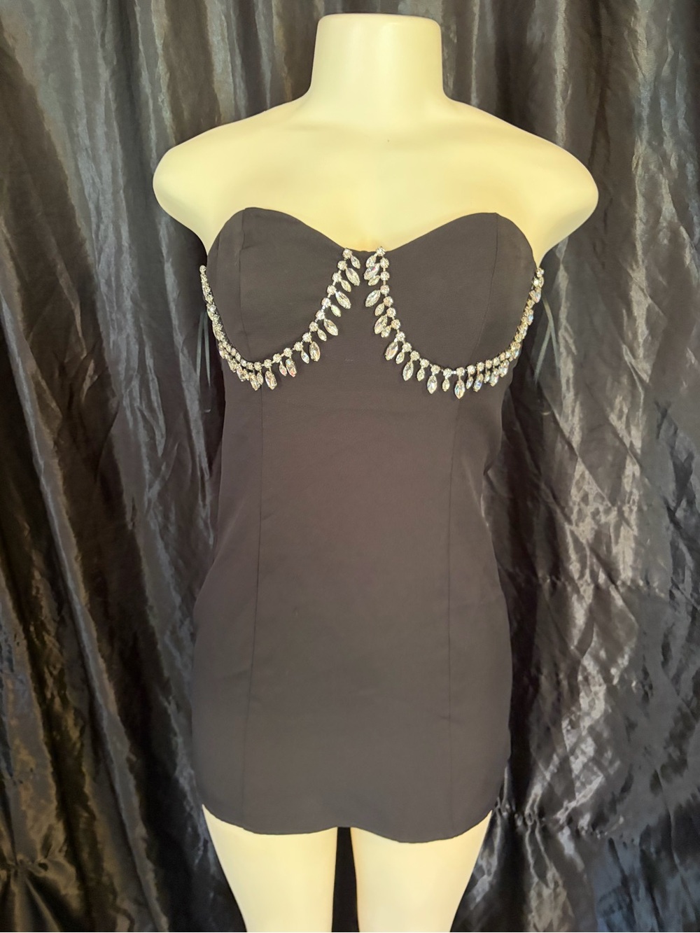Strapless Black Mini Dress with Diamond bust Trim